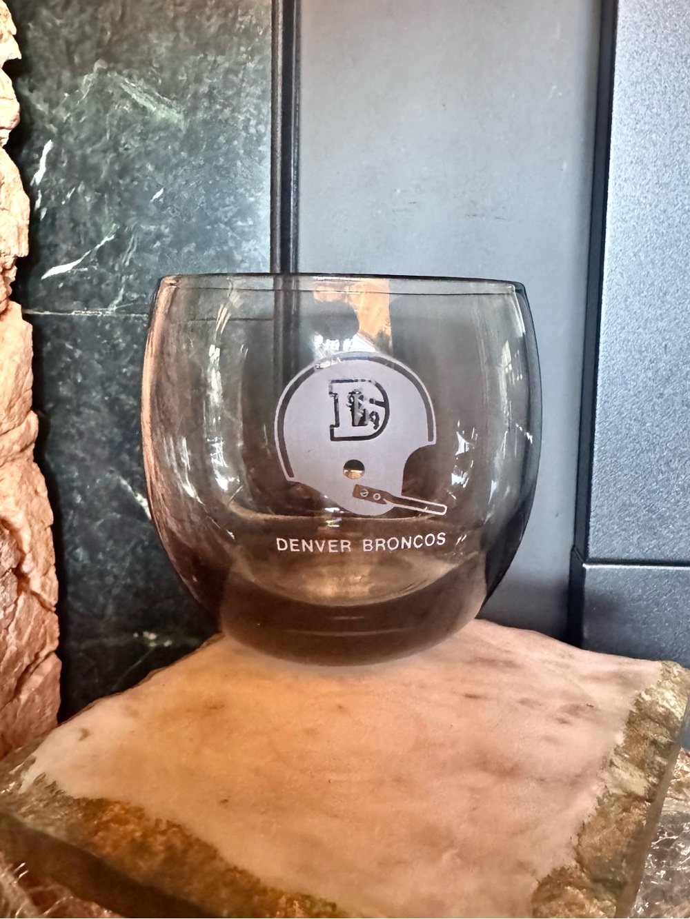Vintage 1970s Denver Broncos Smoky Gray Roly Poly Rocks Glass